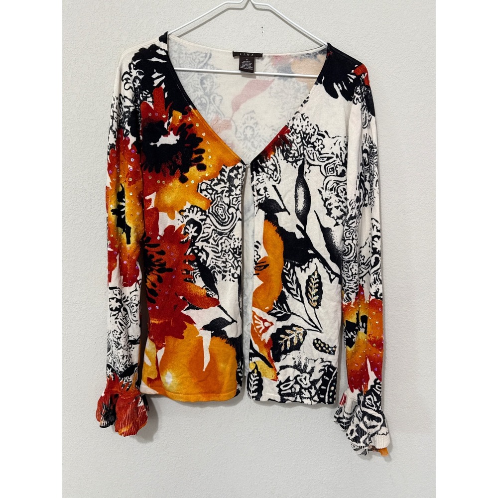 Y2K Silk Blend Cardigan Small Ruffle‎ Sleeve Clasp Front Floral Sequins Phoebe